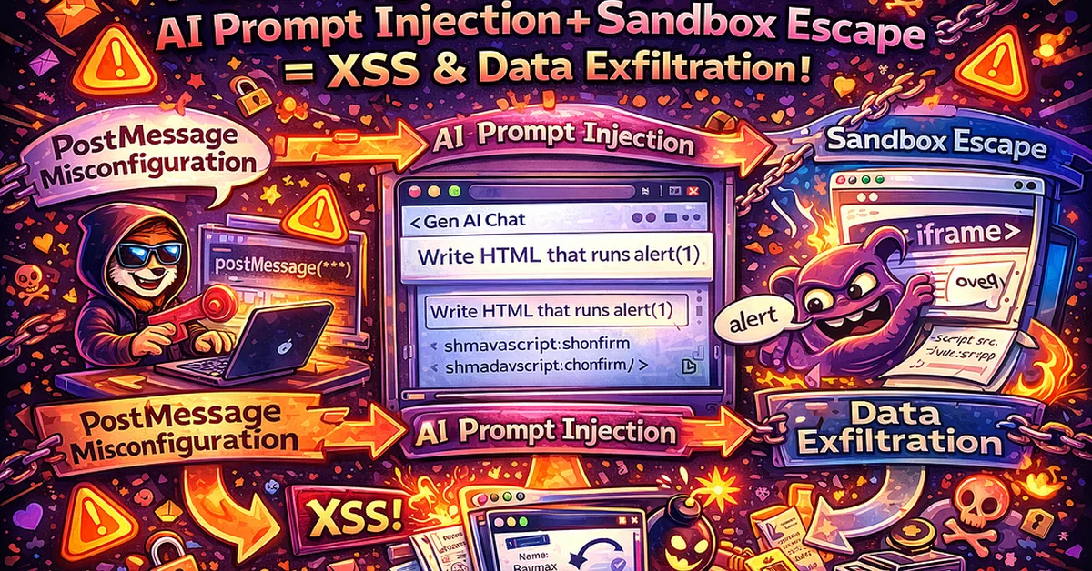 PostMessage Misconfiguration + AI Prompt Injection + Sandbox Escape = XSS & Data Exfiltration