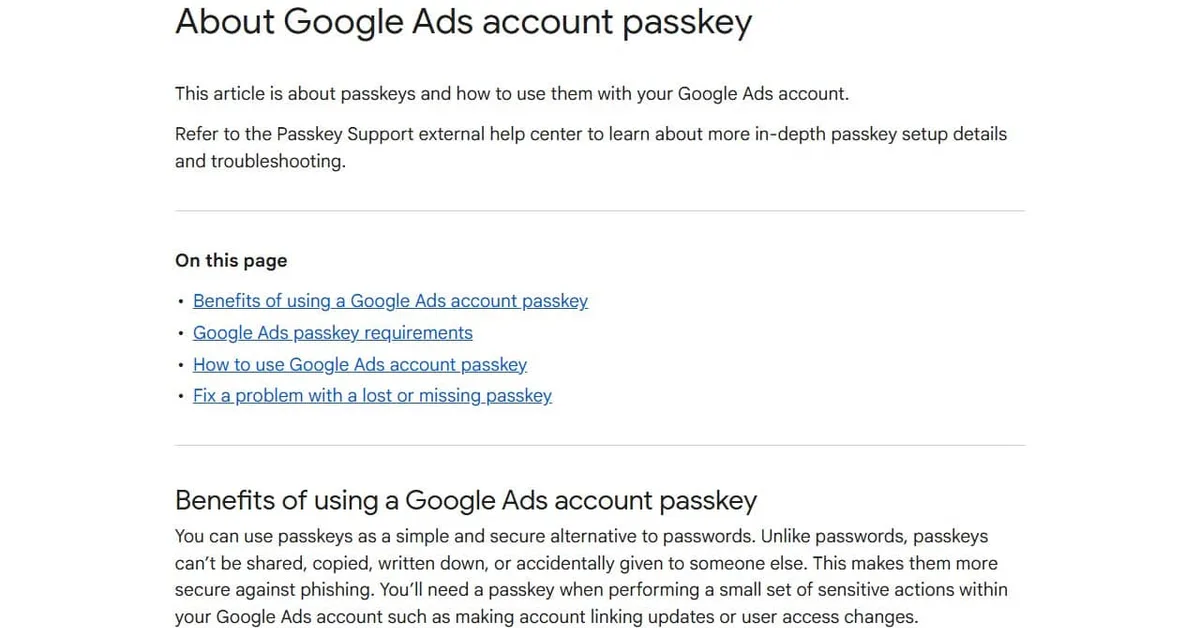 Google publishes new Google Ads passkey help doc