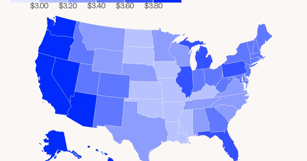 Map shows gas prices have risen above $3 a gallon in every US state - the first time since 2023